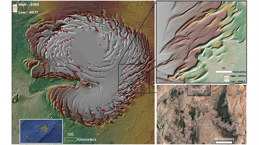 Modelo digital de elevaciones del casquete polar norte de Marte mostrando el sistema de cañones espirales.
