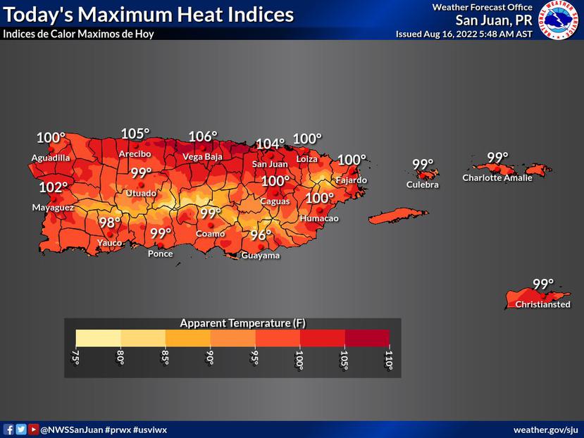 Gráfica que muestra los índices de calor pronosticado para este martes, 16 de agosto de 2022, en Puerto Rico.