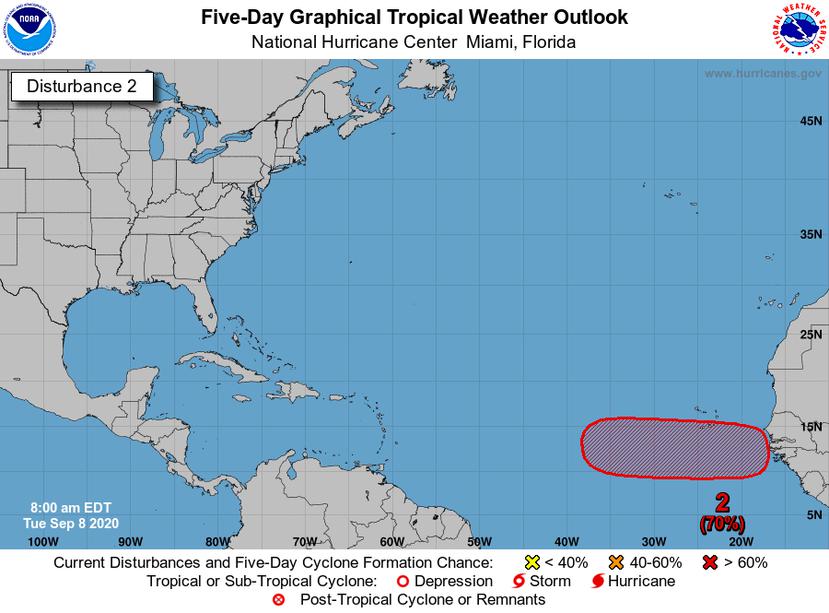 Mapa de pronóstico ciclónico en cinco días que le otorga un 70% de probabilidad a una onda tropical que no ha salido de África.