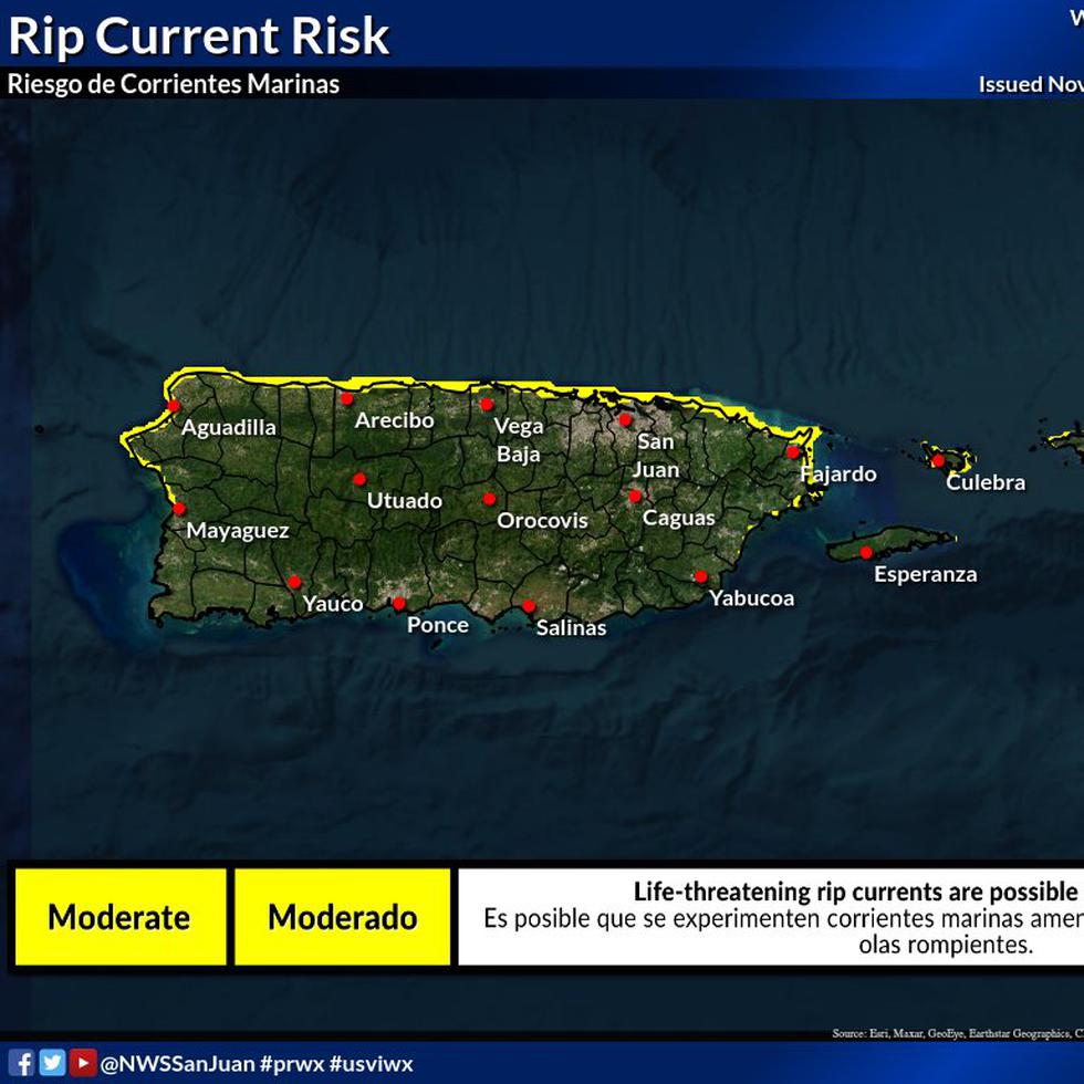 El Servicio Nacional de Meteorología advirtió sobre el riesgo moderado de corrientes marinas para los pueblos costeros de la mitad norte de Puerto Rico.