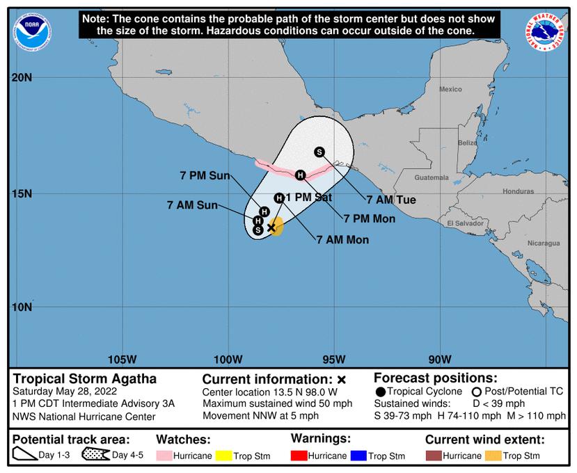 Trayectoria oficial de la tormenta tropical Agatha, según el boletín de la 1:00 p.m. del 28 de mayo del Centro Nacional de Huracanes.