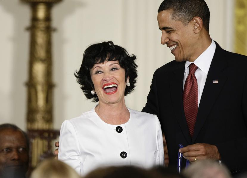 President Barack Obama presents the 2009 Presidential Medal of Freedom to Chita Rivera, who, as a Puerto Rican-American, broke barriers as an actress, singer and dancer to become a Broadway star in West Side Story and was the first Hispanic woman to receive a Kennedy Center Honors award, during ceremonies at the White House in Washington, Wednesday, Aug. 12, 2009. (AP Photo/J. Scott Applewhite)  