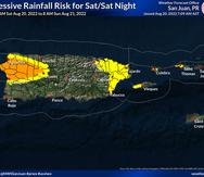 Mapa que muestra en colores el nivel de riesgo de lluvia en exceso para este sábado. El amarillo significa limitado y el anaranjado elevado.