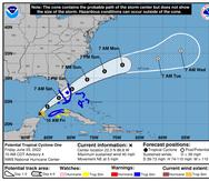 Trayectoria del Potencial Ciclón Tropical #1, emitido por el Centro Nacional de Huracanes en la mañana del 3 de junio de 2022.