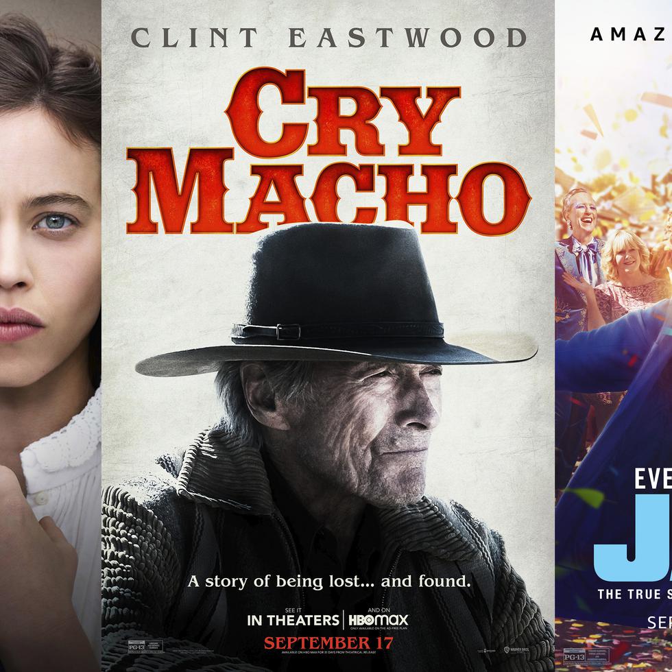 De izquierda a derecha, los cartelones de algunas de las películas que se estrenarán esta semana, "The Mad Women's Ball", "Cry Macho" y "Everybody's Talking About Jamie".