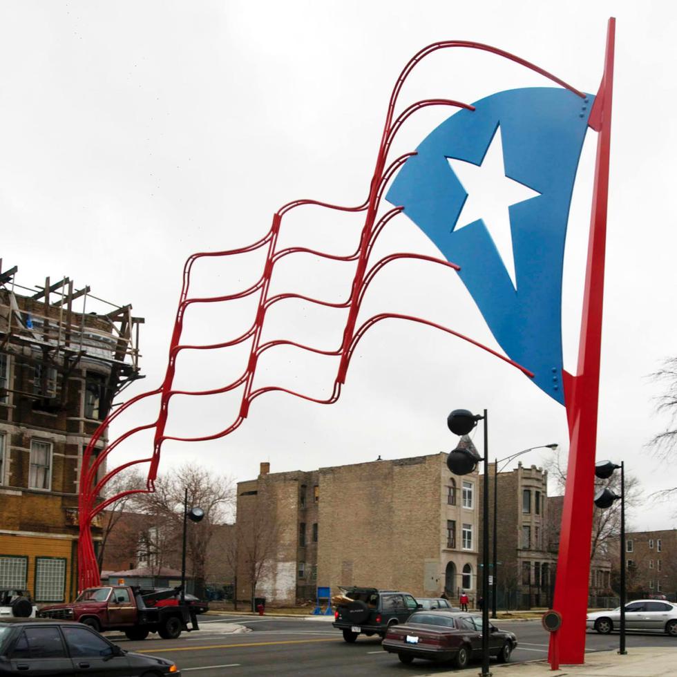 One of the steel flags in Chicago's Boricua neighborhood.