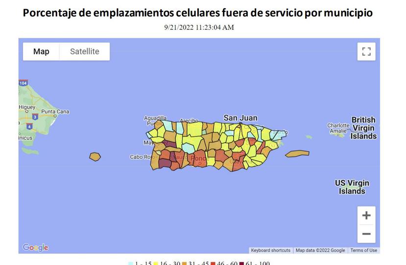 Mapa de la FCC con la proporción de celdas fuera de servicio en Puerto Rico a las 11:00 a.m. del 21 de septiembre de 2022.