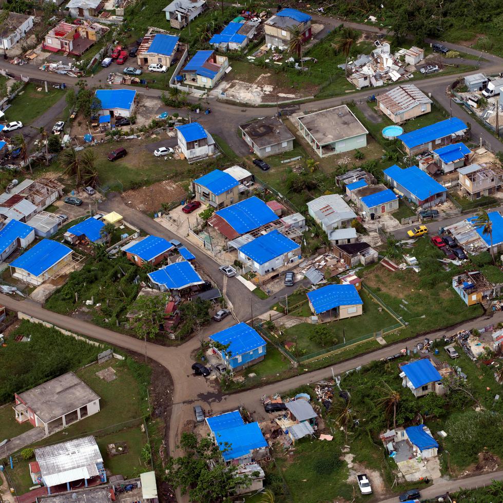 Vista aérea de una comunidad en Dorado en la que se observan los toldos azules de FEMA en los techos de las residencias.(Archivo/GFR Media)