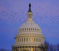 A murmuration of starlings fly past the U.S. Capitol dome as the sun sets on Capitol Hill in Washington, Wednesday, Jan. 4, 2023. (AP Photo/Patrick Semansky)