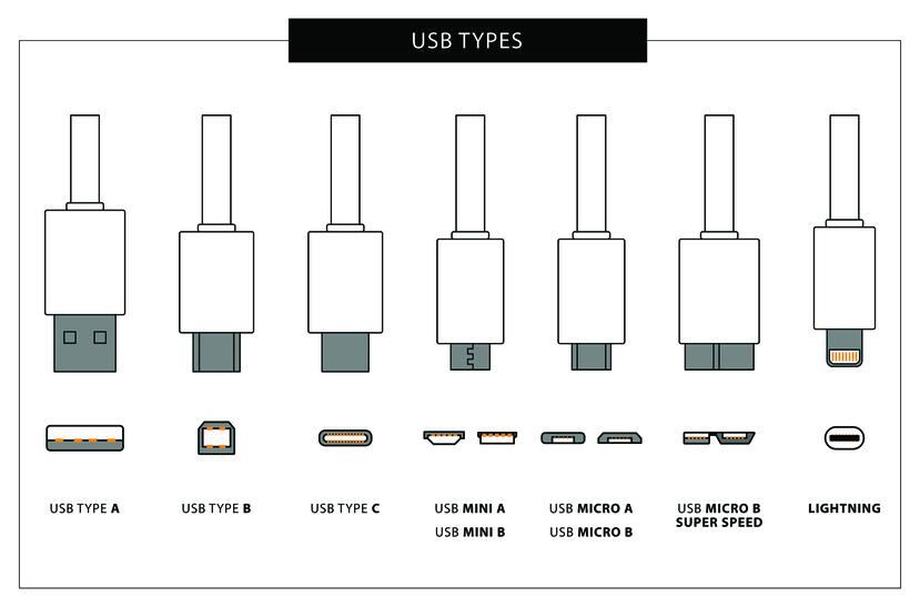 La imagen muestra distintos tipos de puertos USB, junto con el puerto Lightning de Apple.