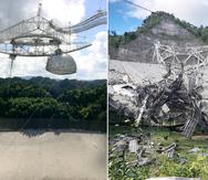 El radiotelescopio de Arecibo, antes y después del colapso ocurrido el 1 de diciembre de 2020.