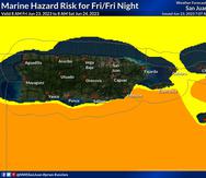 Mapa que muestra los riesgos por condiciones marítimas peligrosas este 23 de junio de 2023. El color amarillo representa riesgo limitado y el anaranjado riesgo elevado.