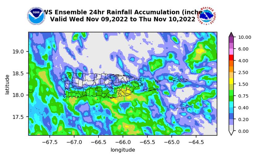 Pronóstico de posibles cantidades de acumulación de lluvia entre el 9 y 10 de noviembre de 2022.