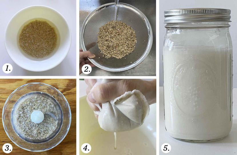 Los pasos para elaborar leche de avena casera. (Hiroko Tabuchi/The New York Times)