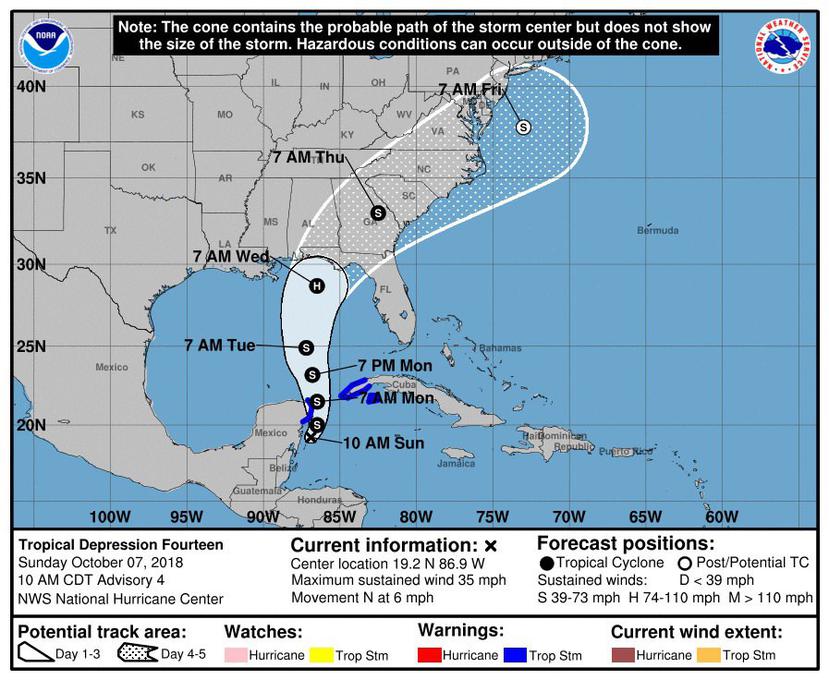 Imagen cedida hoy, domingo 7 de octubre de 2018, por el Centro Nacional de Huracanes (NHC), que muestra el pronóstico de cinco días de la depresión tropical 14. (AP)