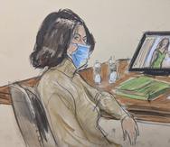 En este dibujo del tribunal, Ghislaine Maxwell está sentada en la mesa de la defensa durante un testimonio en su juicio en Nueva York.