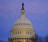 A murmuration of starlings fly past the U.S. Capitol dome as the sun sets on Capitol Hill in Washington, Wednesday, Jan. 4, 2023. (AP Photo/Patrick Semansky)