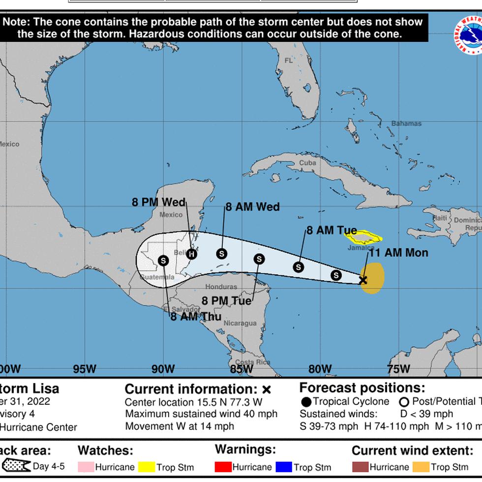 Trayectoria pronosticada para la tormenta tropical Lisa a las 11:00 de la mañana.
