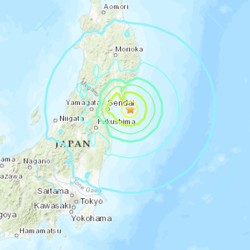 Mapa del Servicio Geológico de Estados Unidos que muestra hasta dónde se expandieron las ondas sísmicas de un terremoto esta madrugada en Japón.