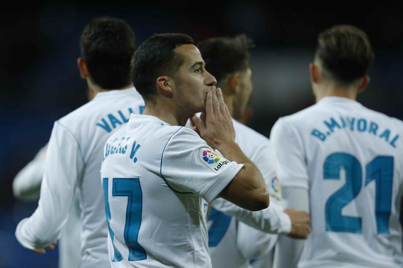 Lucas Vázquez, del Real Madrid, festeja luego de anotar el segundo gol de su equipo ante Numancia. (AP)