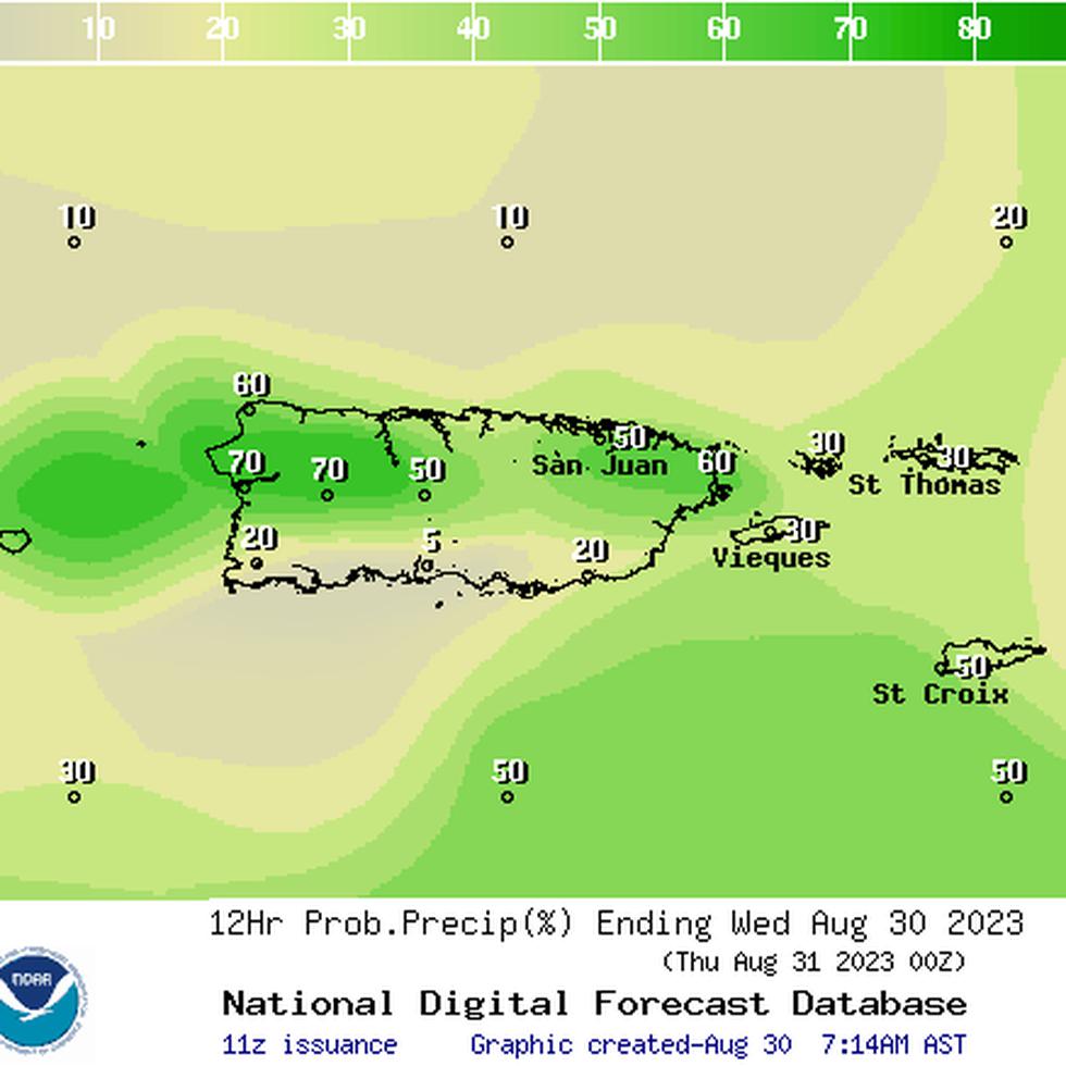 Pronóstico de probabilidad de lluvias en Puerto Rico durante el miércoles, 30 de agosto de 2023.