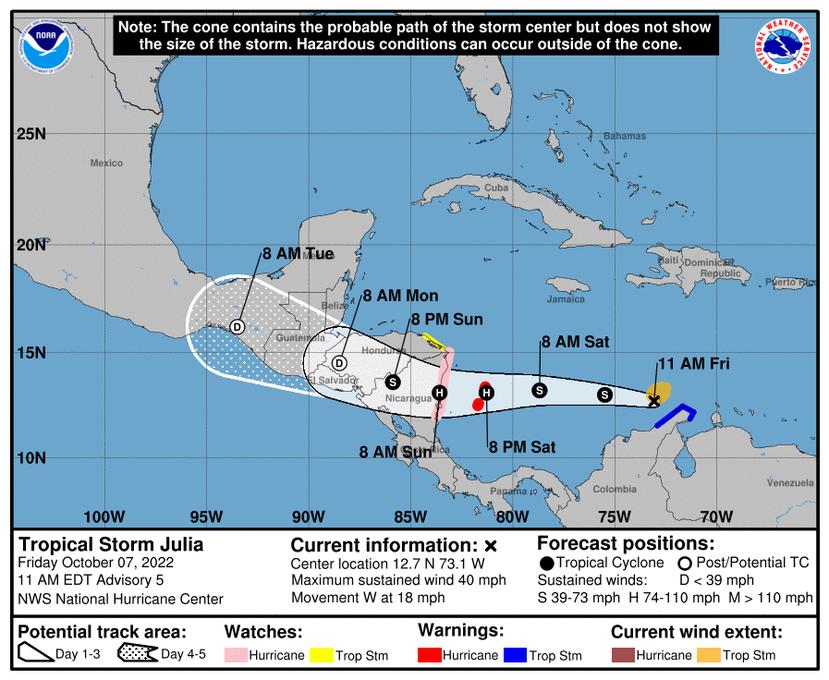 Trayectoria oficial pronosticada para la tormenta tropical Julia, según el boletín de las 11:00 a.m. del viernes, 7 de octubre de 2022.