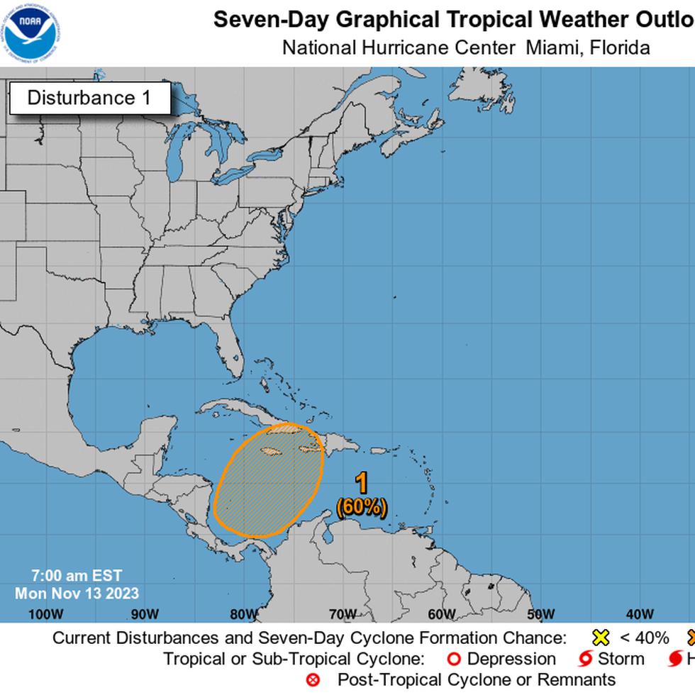 El Centro Nacional de Huracanes le confirió un 70% de probabilidad de desarrollo en unos siete días a una baja presión al suroeste del Caribe, aunque no se espera que impacte directamente a Puerto Rico.