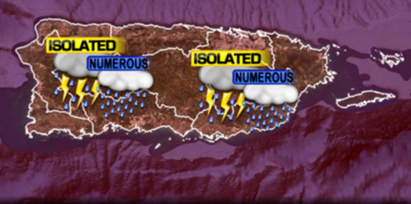 Imagen del pronóstico de lluvia emitido por el SNM para esta tarde. (Captura / NWS San Juan)