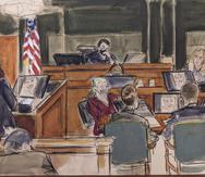 En este boceto de la sala, Annie Farmer, en el extremo derecho, testifica en el estrado durante el juicio por abuso sexual de Ghislaine Maxwell.