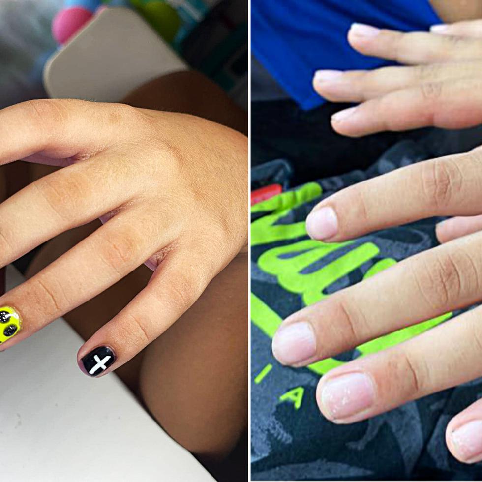 A la izquierda las uñas pintadas del menor. A la derecha, como quedaron luego de que personal de la escuela presuntamente lo obligara a removerse el gel.