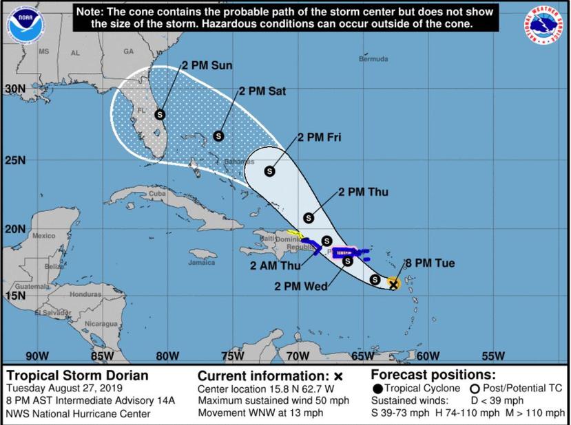 La trayectoria más reciente de la tormenta tropical Dorian coloca al sistema pasando más cerca de Puerto Rico. (Captura / NOAA)