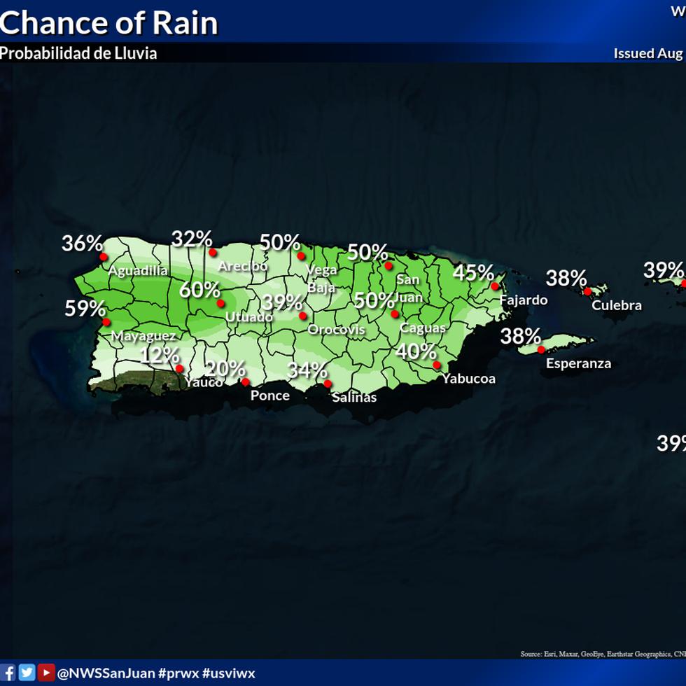 Probabilidad (en porcentajes) de lluvias para Puerto Rico durante el 17 de agosto de 2023.
