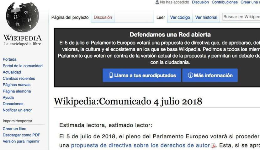 Cierra Wikipedia por unas horas en protesta para pedir la eliminación de los artículos 11 y 13 de la nueva directiva comunitaria sobre derechos de autor (Twitter @wikimedia_es).