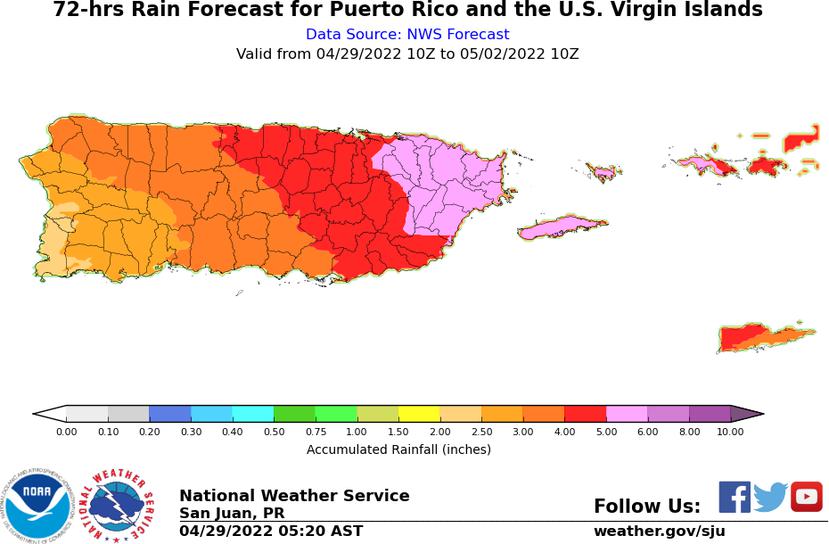 Mapa que muestra las variaciones en cantidad de pulgadas de lluvia acumuladas en la isla durante las próximas 72 horas.