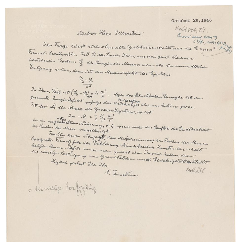 Carta escrita por Albert Einstein, en la cual este escribió su famosa ecuación "E = mc2".