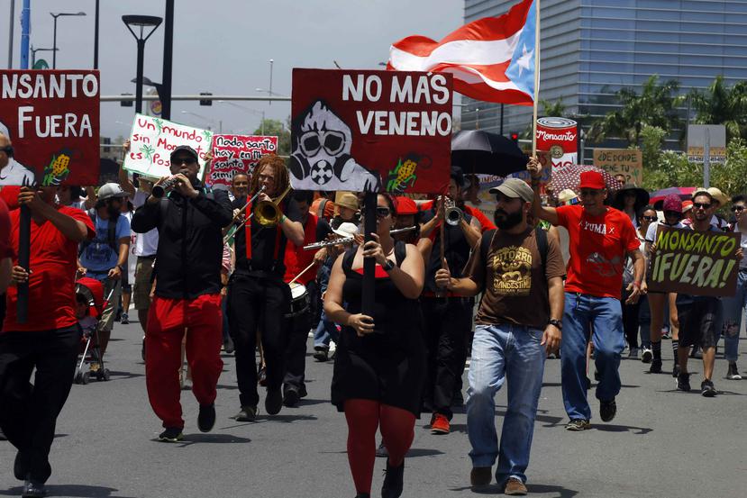 Cientos de personas salieron hoy a las calles de San Juan a manifestarse en contra de la presencia de la compañía Monsanto en Puerto Rico. (EFE / Thais Llorca)
