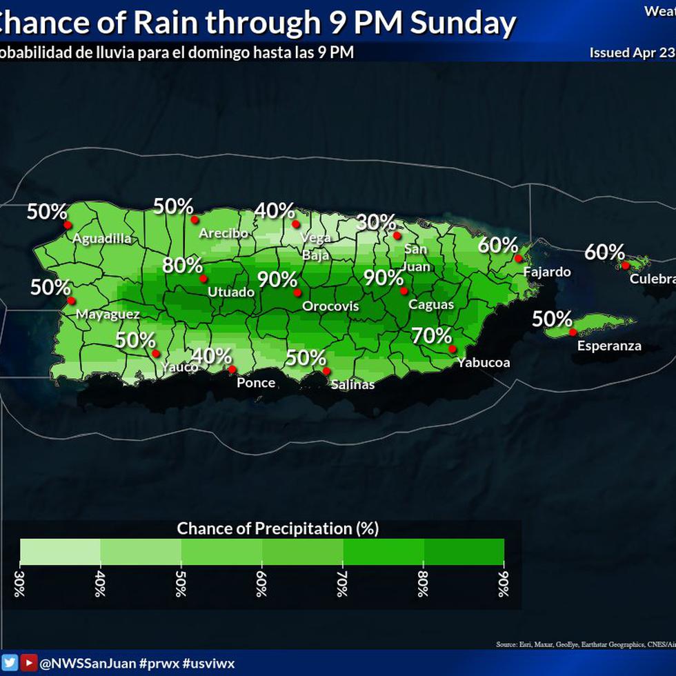 El Servicio Nacional de Meteorología pronosticó lluvias y tormentas eléctricas para el interior y la zona este de la isla.