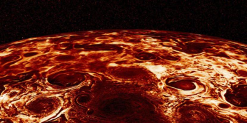 Montaje fotográfico distribuido por NASA, derivado de la sonda Juno que orbita alrededor de Júpiter. (AP)