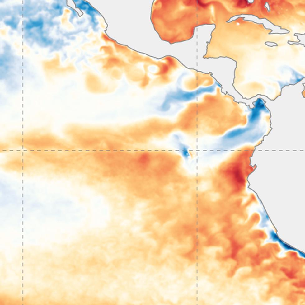 Ilustración que muestra las temperaturas en la superficie del océano Atlántico. El color anaranjado es sinónimo de temperaturas cálidas, que se vinculan al ENSO-Neutral y El Niño.