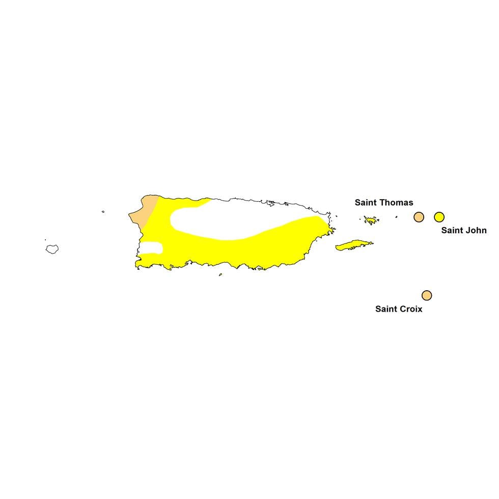 Mapa que muestra la distribución de áreas con condiciones de sequía en Puerto Rico, según el informe del 16 de marzo de 2023.