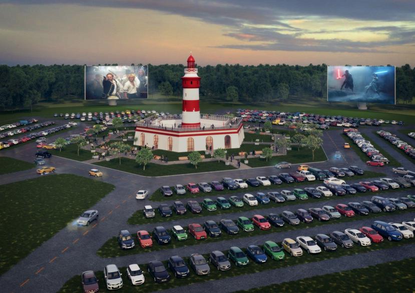 Imagen de cómo luciría el autocine que el empresario y cineasta Spencer Folmar se propone construir en Florida, con capacidad para 500 autos y con cinco pantallas gigantes. (EFE)
