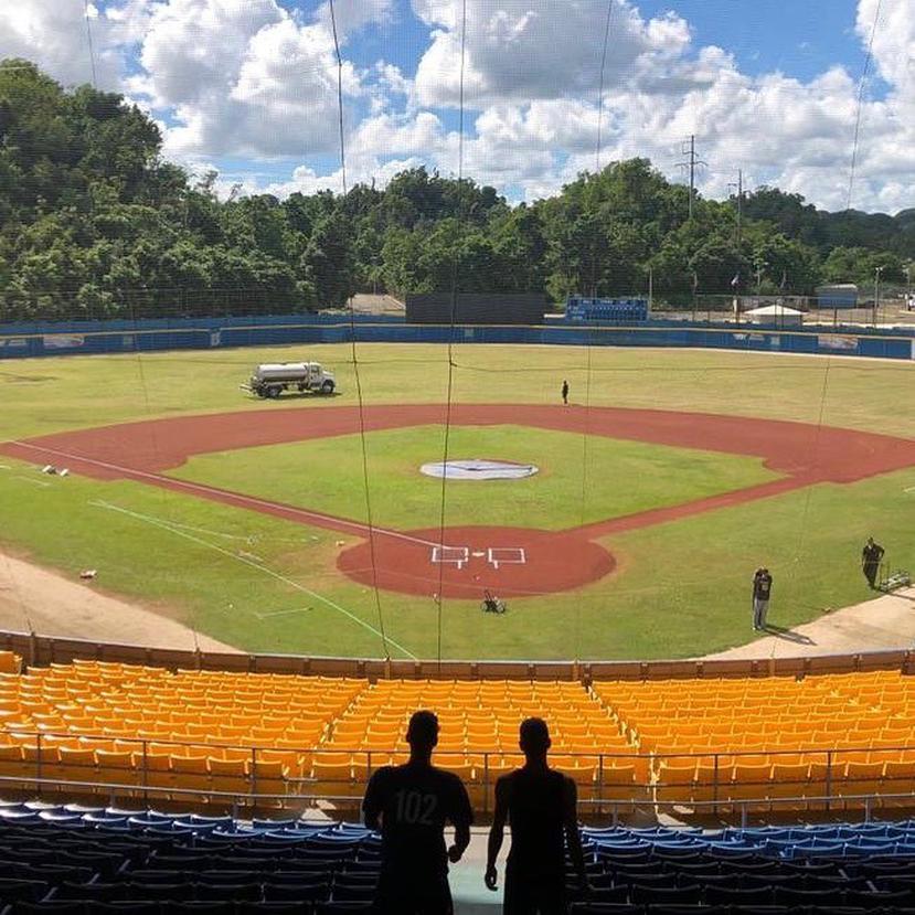 El terreno de juego del Estadio Pedro Román Meléndez de Manatí no cuenta con una lona aún para cubrir la totalidad del cuadro interior. (Facebook / Atenienses)