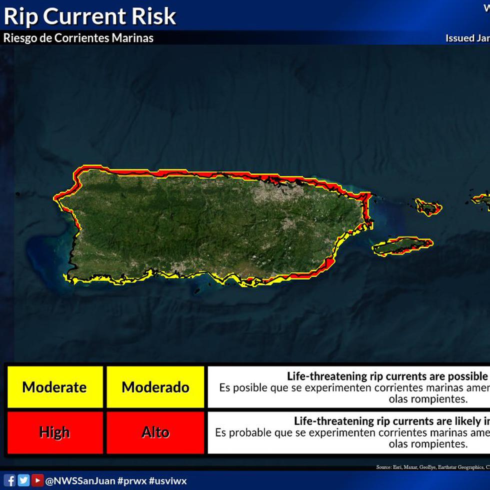 Existe un riesgo alto de corrientes marinas para las costas del norte y sureste de la isla al igual que para las aguas alrededor de Vieques y Culebra.