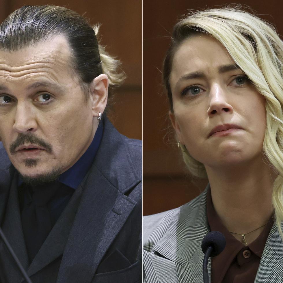 En esta combinación de fotografías Johnny Depp testifica en la Corte de Circuito del Condado de Fairfax en Fairfax, Virginia, el pasado 21 de abril; y la actriz Amber Heard testifica en el mismo tribunal el 26 de mayo.