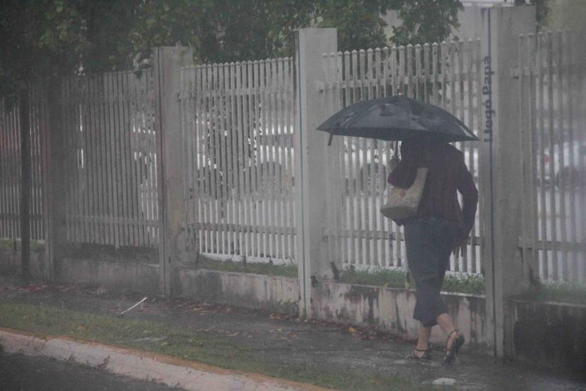 Una mujer camina por una carretera en Hato Rey con sombrilla en mano para evitar mojarse por la lluvia. (GFR Media)