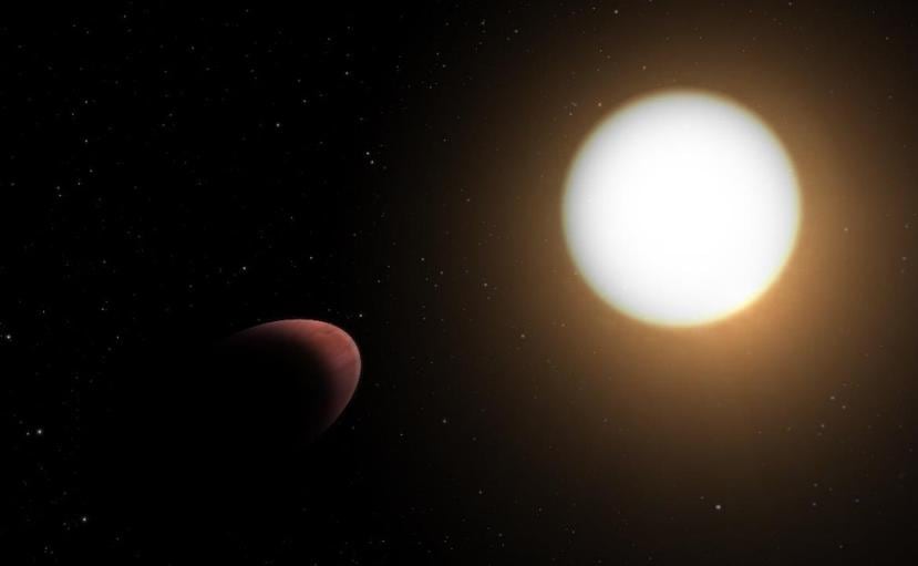 Representación artística del planeta WASP-103b deformado por las potentes fuerzas de marea de su estrella anfitriona.