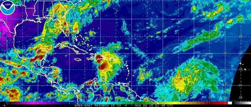 El boletín de las 5:00 p.m. colocaba a Erika a 95 millas al oeste suroeste de Santo Domingo. (NOAA)