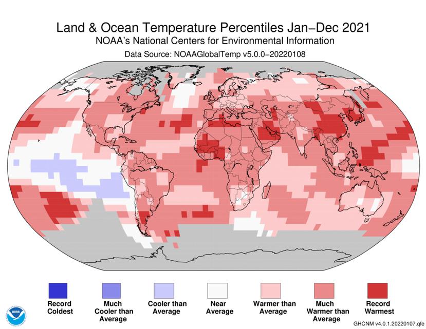 Mapa que muestra las percentilas de las temperaturas promedios en el planeta durante el 2021.