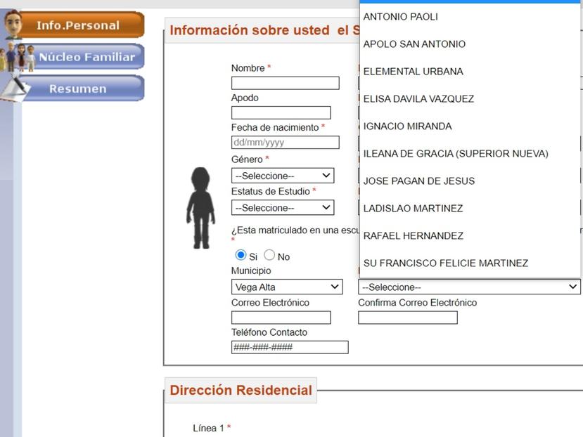 Captura de pantalla de la página del Departamento de la Familia donde se solicita la asistencia alimentaria.