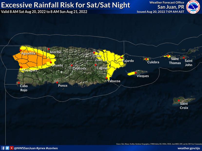 Mapa que muestra en colores el nivel de riesgo de lluvia en exceso para este sábado. El amarillo significa limitado y el anaranjado elevado.